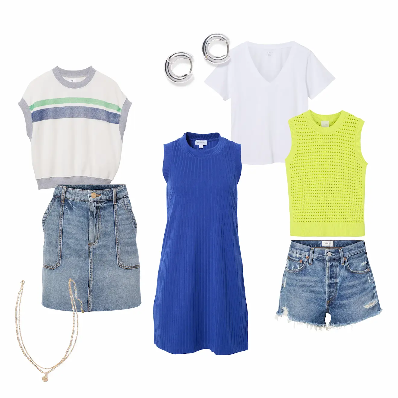 Weekend Chic - A collage of various casual outfits including a white t-shirt with green and blue stripes, a blue sleeveless dress, a white t-shirt, a lime green knit sleeveless top, a pair of distressed jean shorts, a denim skirt, a gold necklace, and a pair of silver hoop earrings. These items are perfect for what to wear on the weekend.